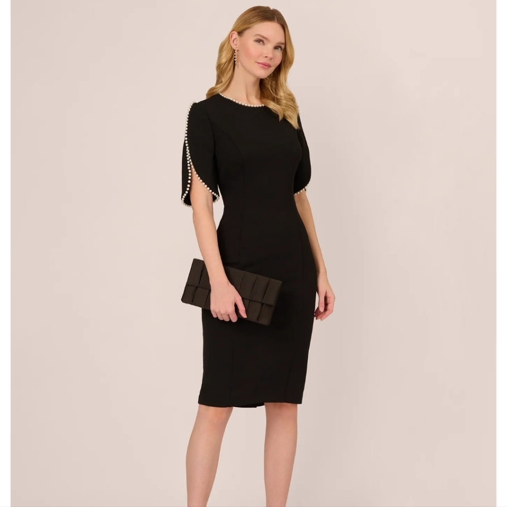 Adriana Papell Crepe Midi Length Sheath Dress With Pearl Trimmed Sleeves